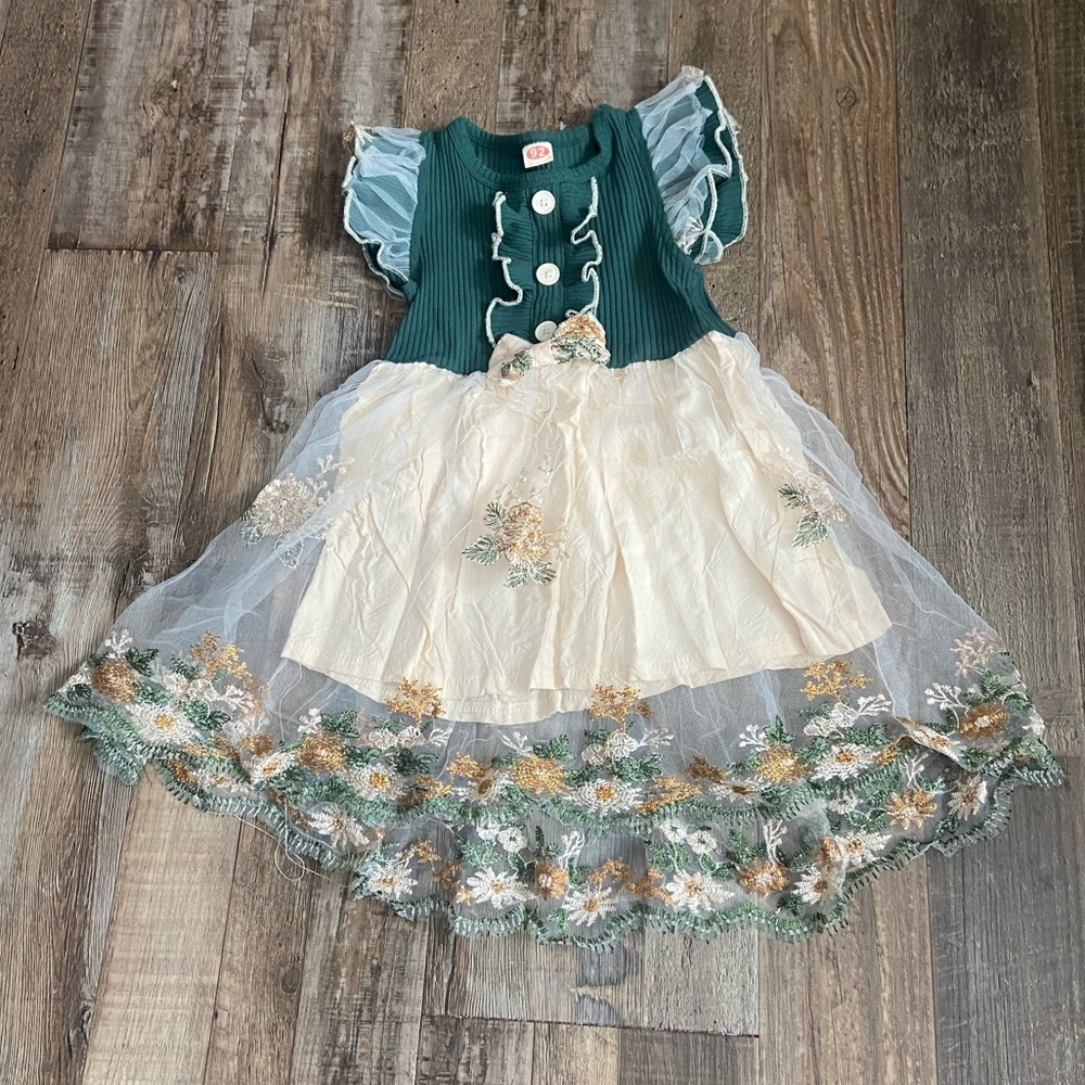 Green and Cream Floral Embroidery Dress with Ruffled Sleeves
